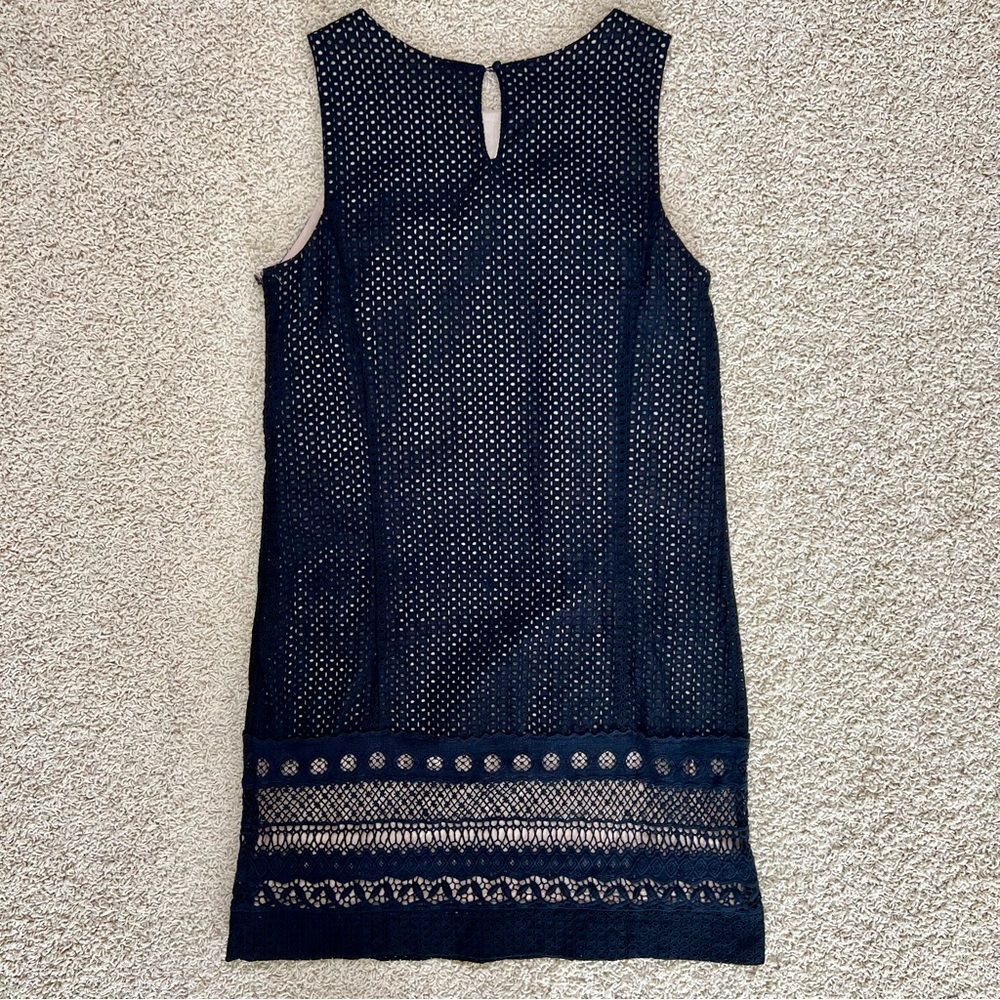 LOFT Sleeveless Lace Eyelet Keyhole Back Round Neck Shift Dress Black Tan 6